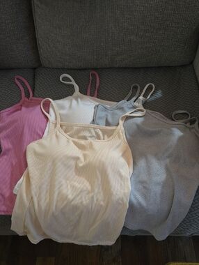 Women’s Ribbed Spaghetti Strap Tank Top With Built In Bra White Pink Gray Cream